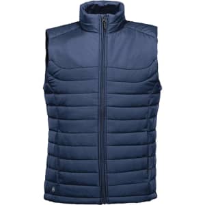 A navy blue quilted vest with a high collar and zip front, featuring a logo on the side.
