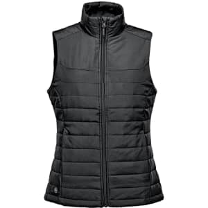 A women's black quilted vest with a high neck and zipper front, featuring a logo on the lower side.