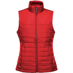 A red women's quilted vest with a high collar and zip front, featuring a logo on the lower side.