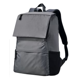 A grey backpack with a flap, featuring a front pocket and side mesh pocket, and adjustable straps.