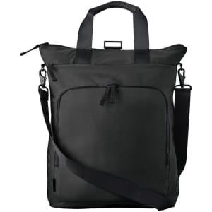 A black tote backpack featuring dual handles, adjustable shoulder strap, and multiple zippered compartments.