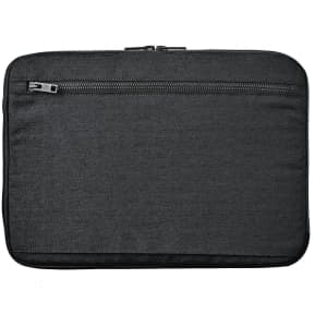 A black laptop sleeve with a zippered compartment, designed to hold a 16-inch laptop.
