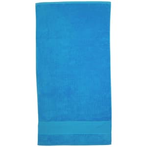 A vibrant blue Terry Velour Towel with a solid border, featuring a branding logo.