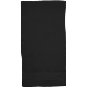 A black Terry Velour towel with a smooth finish, featuring a simple design and a branding logo.