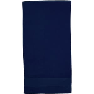 A navy Terry Velour Towel with a smooth texture, featuring a simple design and a branding logo at the bottom.