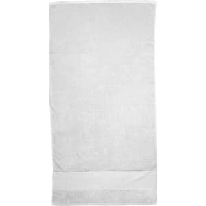 A white Terry Velour Towel featuring a smooth texture and a stitched border, with a logo at one end.