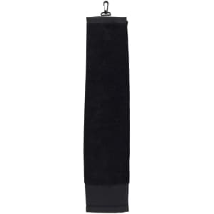 A black golf towel with a hanging clip, featuring a soft texture and a sleek design.