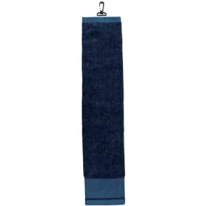 A dark navy golf towel with a hanging clip and a lighter blue trim at the bottom. It features a logo.