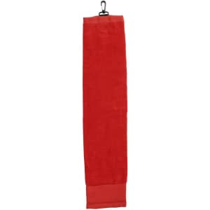 A red golf towel with a clip attachment, featuring a soft texture and a rectangular shape.