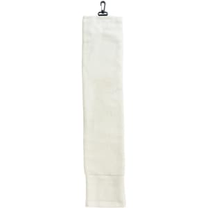 A white golf towel with a hanging clip. The towel is neatly folded and features a plain design.