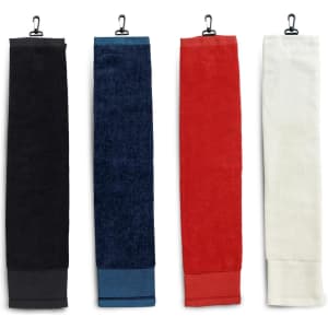 A set of four golf towels in black, navy, red, and white, each with a clip for attachment.