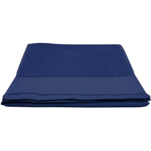 A navy blue workout towel featuring a folded design, ideal for gym use and outdoor activities. It has a logo.