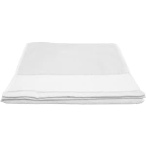 A white workout towel featuring a stitched edge and a small logo. Ideal for gym or outdoor activities.