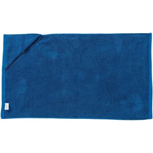 A blue gym towel featuring a pocket and a logo. It's made of soft, absorbent fabric, perfect for workouts.