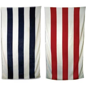 Two striped towels, one featuring navy blue and white stripes, and the other with red and white stripes. Both have branding.