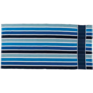 A striped cabana towel featuring shades of blue, navy, and grey with a logo on the side.