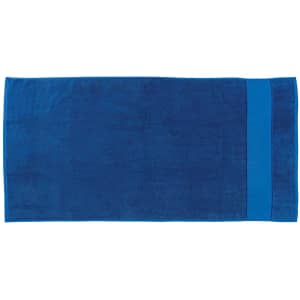 A blue beach towel with a solid colour design and a contrasting border, featuring a logo.