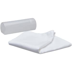 A white sports towel neatly folded next to a clear container, featuring a smooth design.