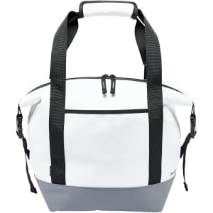 A cooler bag featuring a white body with black straps and accents, designed for portable storage.