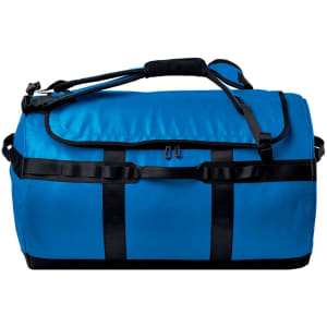 A blue duffle bag with black accents, featuring multiple straps and a zip closure. It has a logo on the side.