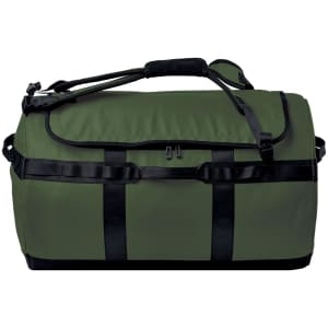 A green duffle bag with black straps and handles, featuring a logo on the side.