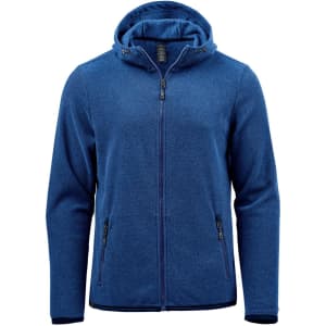 A blue full zip hoodie featuring a hood, front pockets, and a zipper closure. It includes branding on the design.