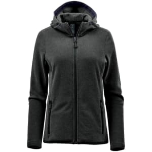 A women's full zip hoody in dark grey featuring a hood and zippered pockets, with branding present.