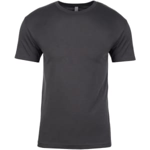A grey crew neck t-shirt made of cotton, featuring short sleeves and a logo.