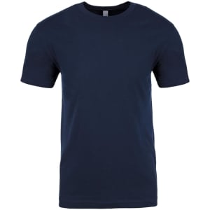A navy blue short-sleeved cotton crew t-shirt with a round neckline, featuring a logo on the label.