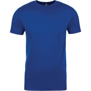 A blue men's cotton crew t-shirt with a round neckline and short sleeves, featuring a logo.