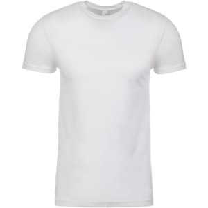 A plain white men's cotton crew t-shirt with short sleeves and a crew neck. It features a small logo.