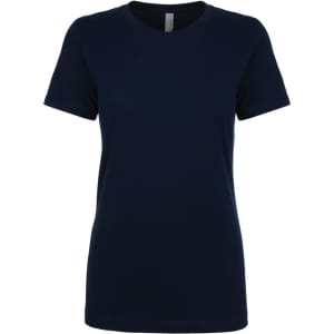 A navy women's boyfriend tee with short sleeves and a relaxed fit. It features a branding logo on the label.