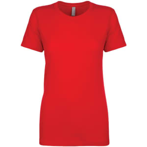A red women's boyfriend tee featuring short sleeves and a classic crew neckline. It includes a branding label.