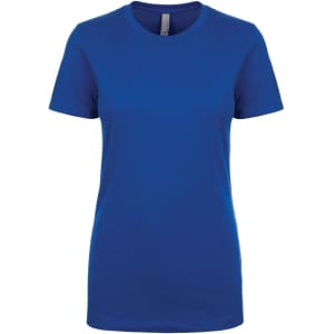 A blue women's boyfriend tee, featuring a classic crew neck and short sleeves, with a logo on the label.