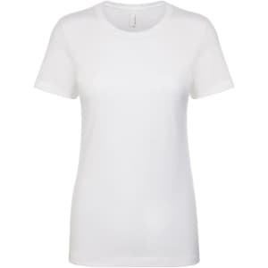 A white women's boyfriend tee with a round neck and short sleeves. The shirt features a logo.