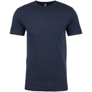 A navy blue men's crew neck t-shirt made from CVC fabric, featuring short sleeves and a simple design.