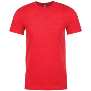A red crew neck t-shirt made from CVC material with short sleeves and a logo.