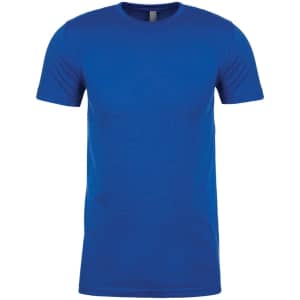 A blue men's CVC crew t-shirt with short sleeves and a standard fit. It features a logo on the label.