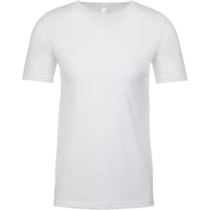 A plain white short-sleeve crew neck t-shirt with a logo on the side.
