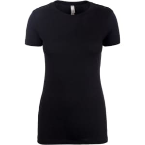 A black women's crew neck t-shirt with short sleeves and a fitted design, featuring a logo.