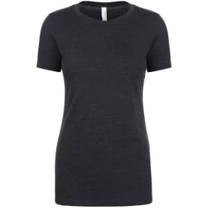 A women's charcoal grey crew neck t-shirt with short sleeves and a branded label.