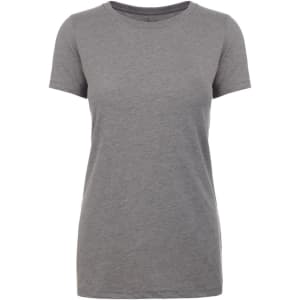 A women's short-sleeve crew neck t-shirt in a heather grey colour, featuring a logo.