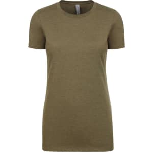 A short-sleeved women's t-shirt in olive green with a crew neckline and a branded label.