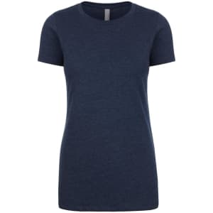 A women's short-sleeve crew t-shirt in navy blue, featuring a simple design and a brand logo.