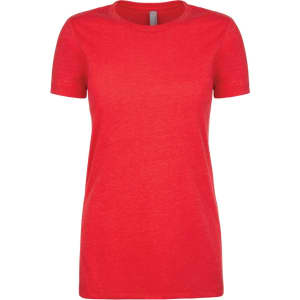 A red women's crew neck t-shirt featuring short sleeves and a simple design, with a branding logo.