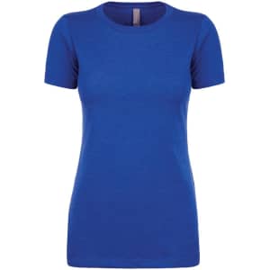 A blue women's CVC crew t-shirt with a classic fit and short sleeves. It features a logo on the label.