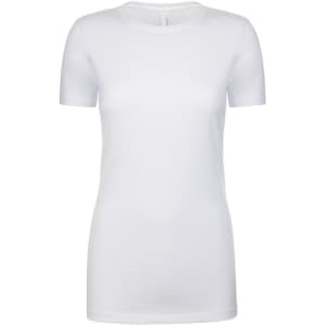 A white women's crew neck t-shirt with short sleeves and a fitted design. It features a simple logo.