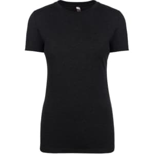 A women's tri-blend crew t-shirt in black, featuring short sleeves and a fitted style. It has a logo on the label.