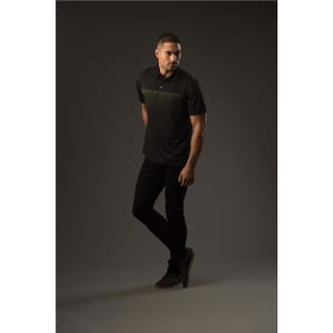 A black polo shirt with a subtle striped design, worn by a model against a dark background. The shirt features a logo.