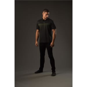 A man's black polo shirt with green stripe detailing is displayed on a model in a neutral background.